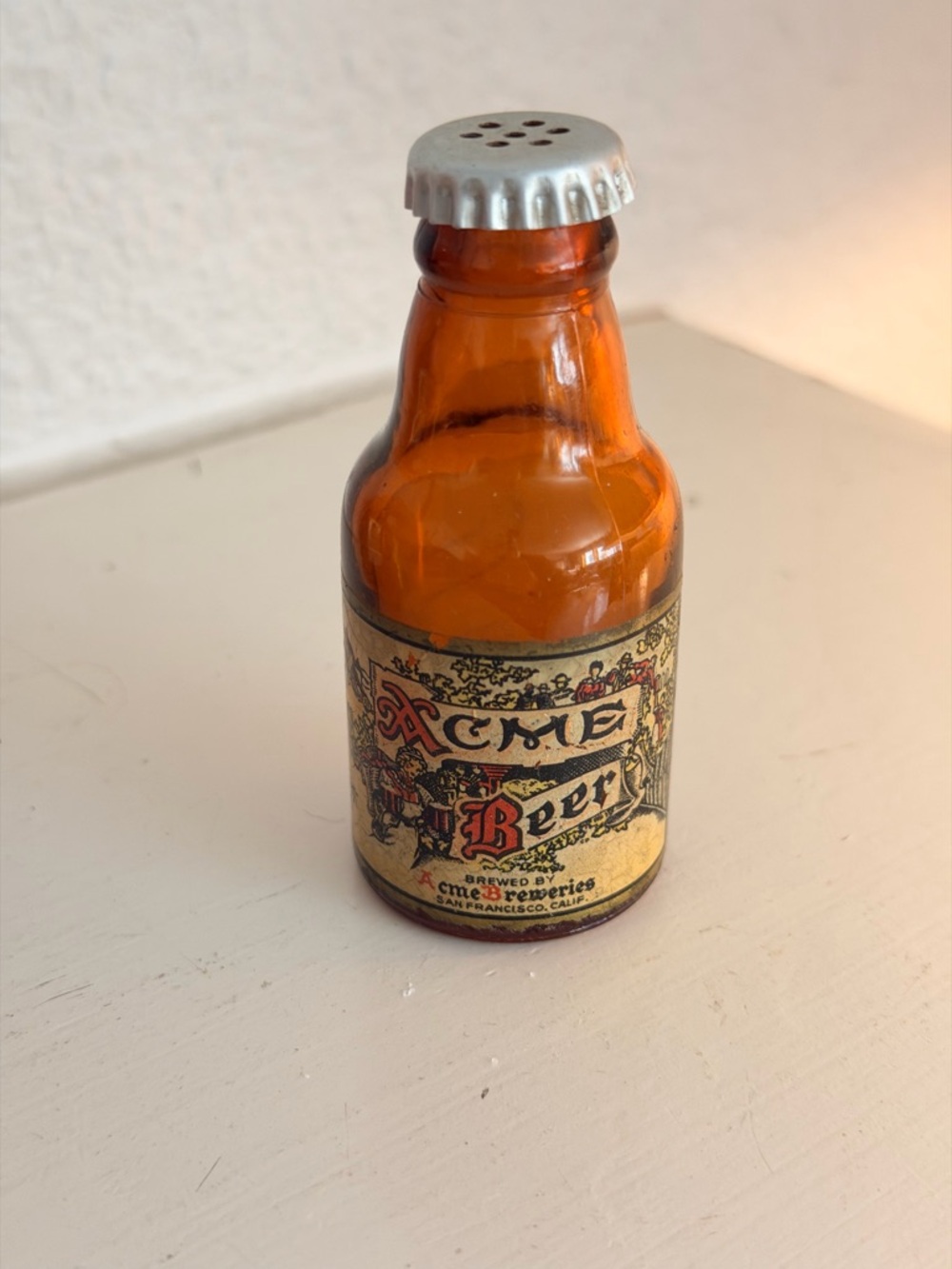 Vintage Acme Beer Bottle Salt Pepper Shaker Amber Glass San Francisco